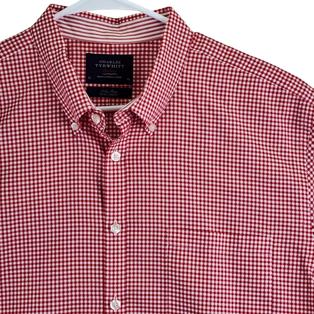 Charles Tyrwhitt Weekend Gingham Shirt Mens XL Red Extra Slim Fit Non-Iron